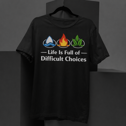 Black t-shirt with a graphic design and text on a dark background