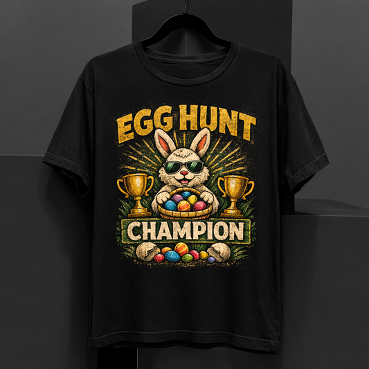 Black t-shirt with Easter graphic of a bunny holding eggs and trophies, labeled 'Egg Hunt Champion'.