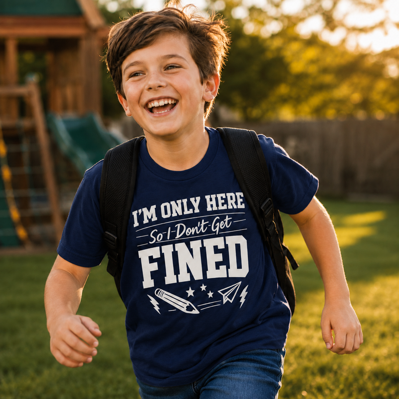 Kids Tee - "I'm Only Here So I Don't Get Fined" Funny School Humor Shirt