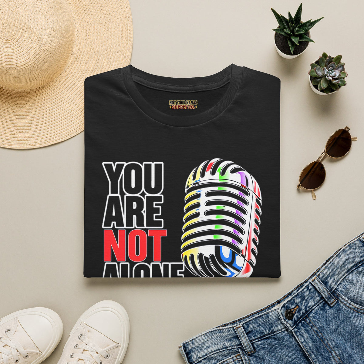 You Are Not Alone Mic Tee — Mental Health Awareness