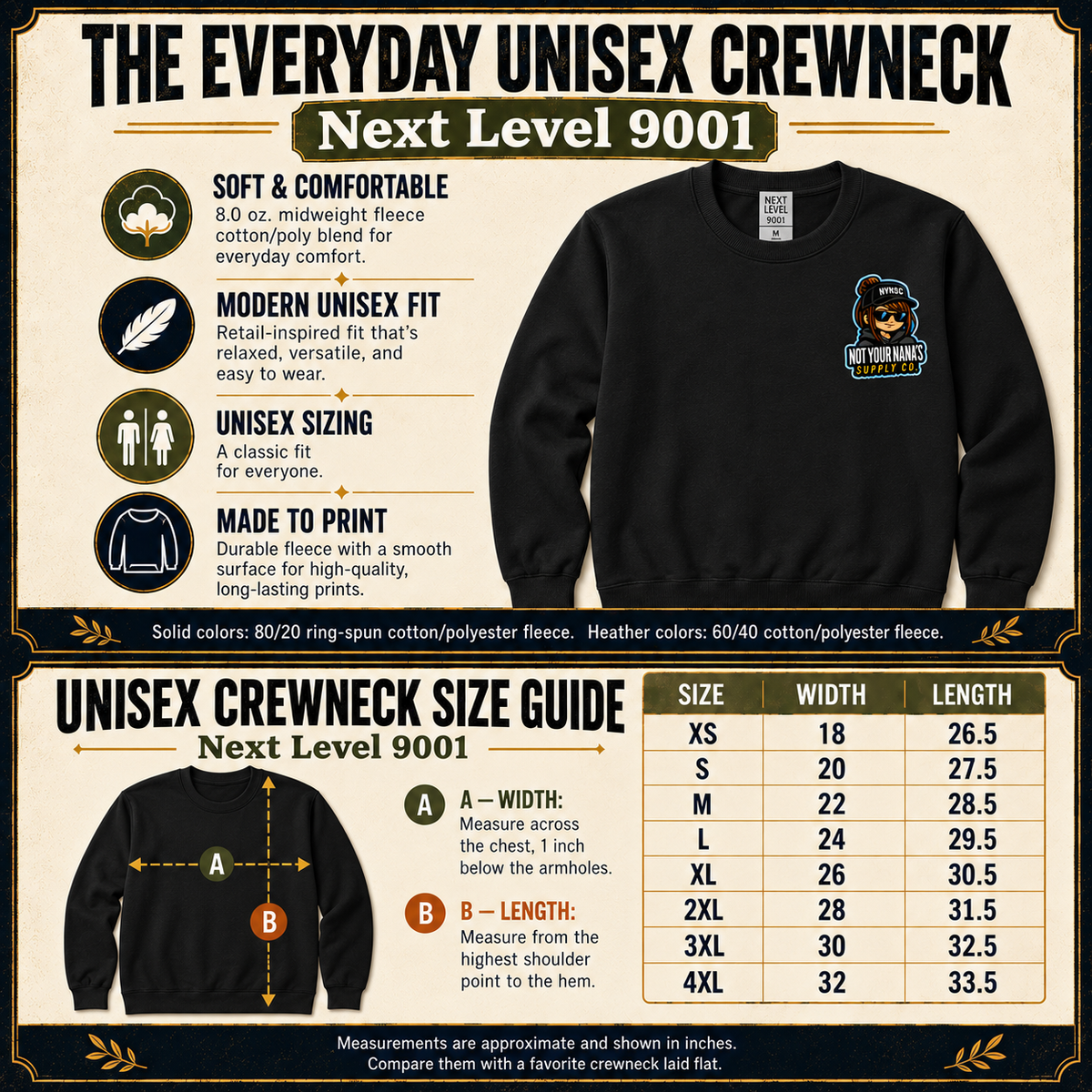 Next Level 9001 crewneck sweatshirt size chart