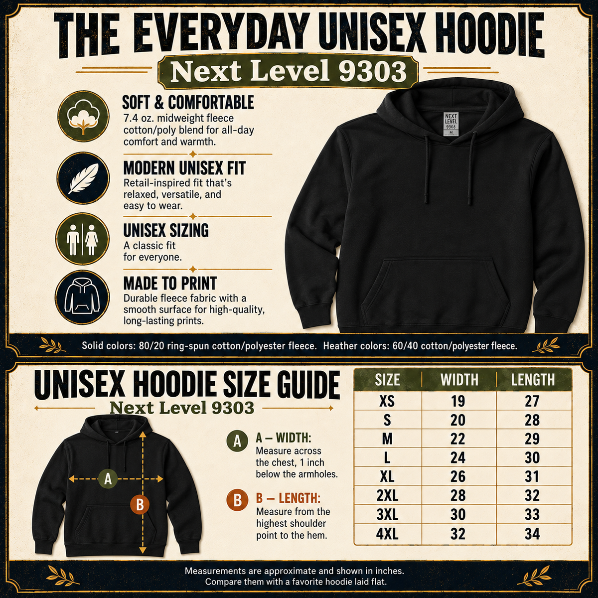 Next Level hoodie size chart