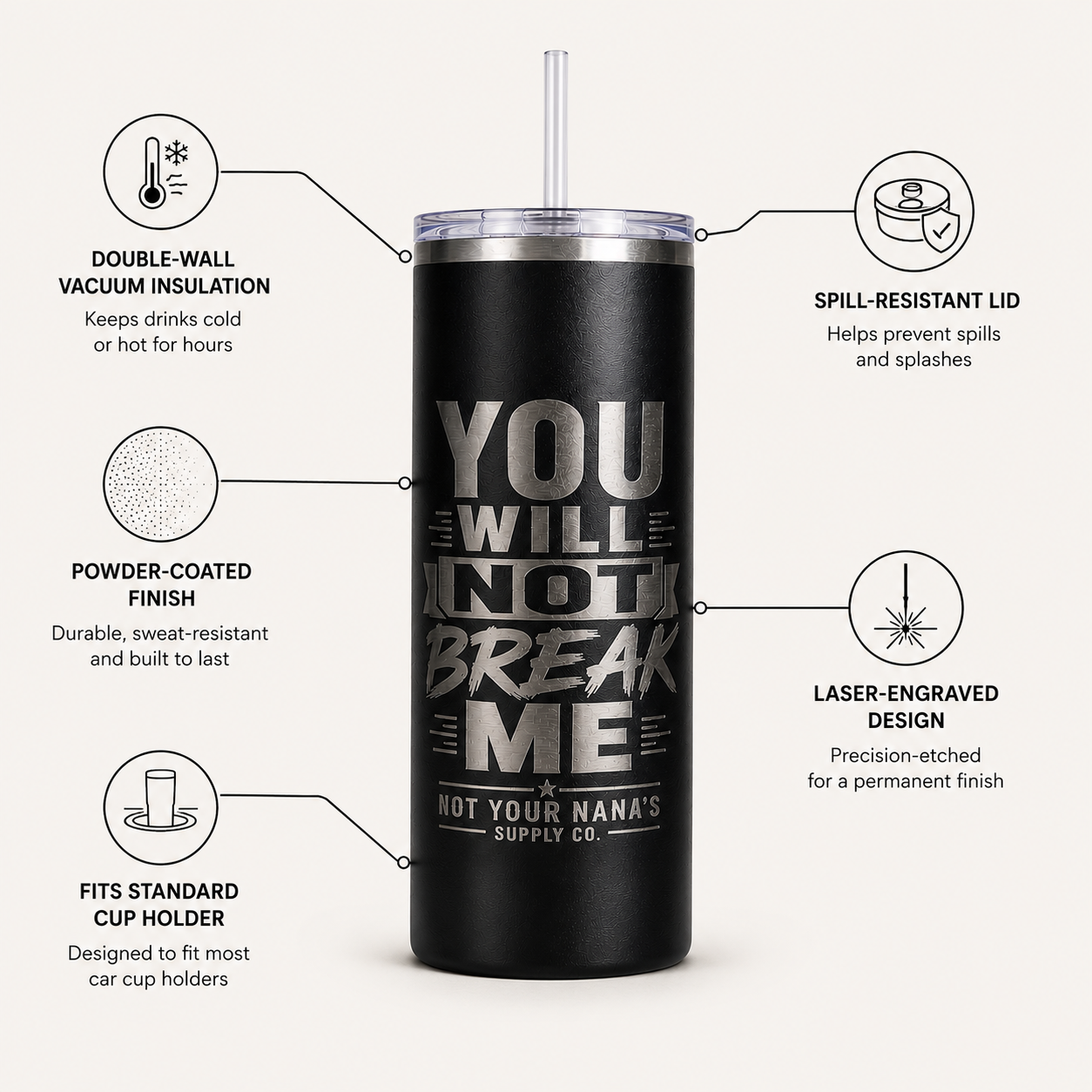 “You Will Not Break Me” Laser Engraved 20oz Insulated Tumbler