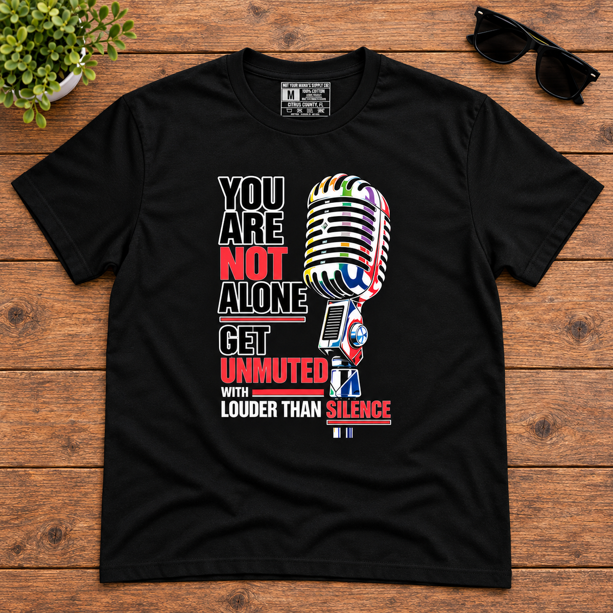 You Are Not Alone Mic Tee — Mental Health Awareness