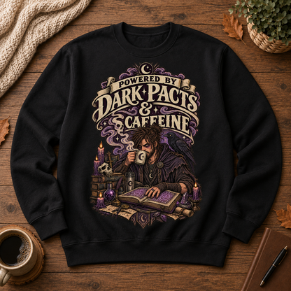 Dark Pacts and Caffeine Crewneck - flat lay
