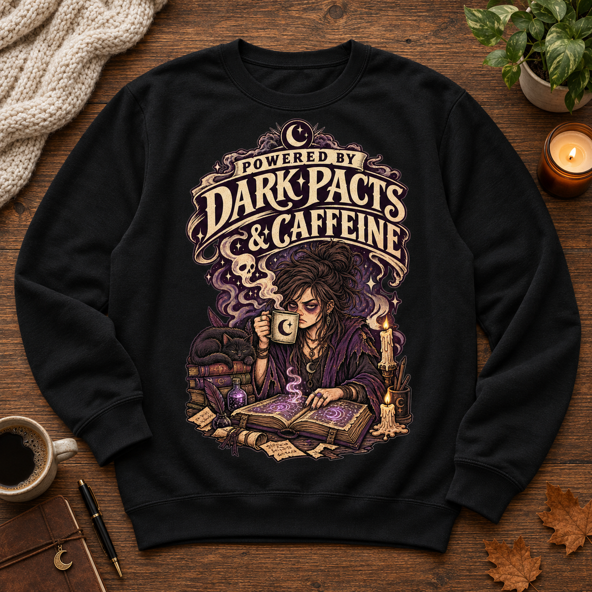 Dark Pacts and Caffeine Crewneck - flat lay