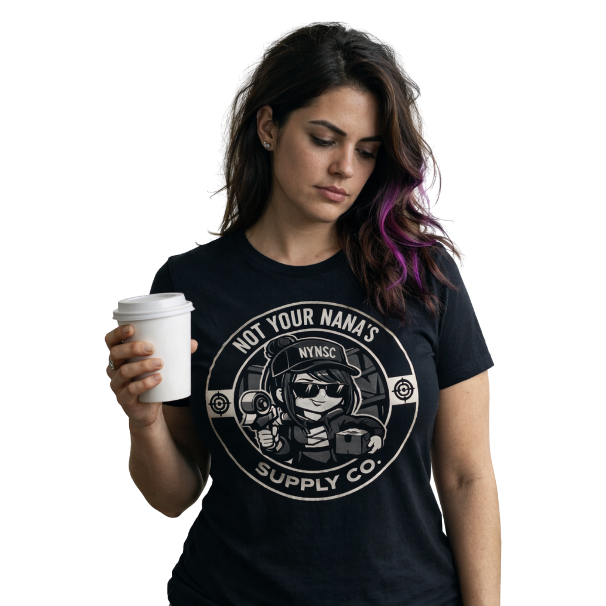 Woman wearing the NYNSC signature tee, coffee in hand, zero regrets.